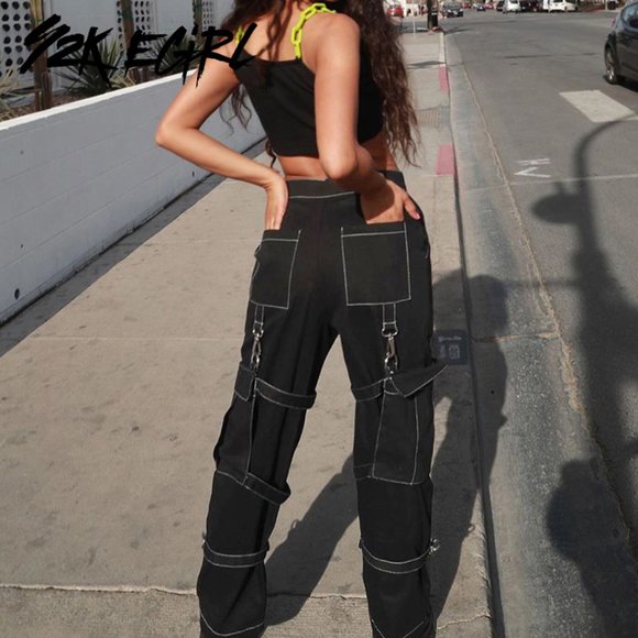 Punk Style High Waist Cargo Pants Gothic Metal But - Picture 2 of 6